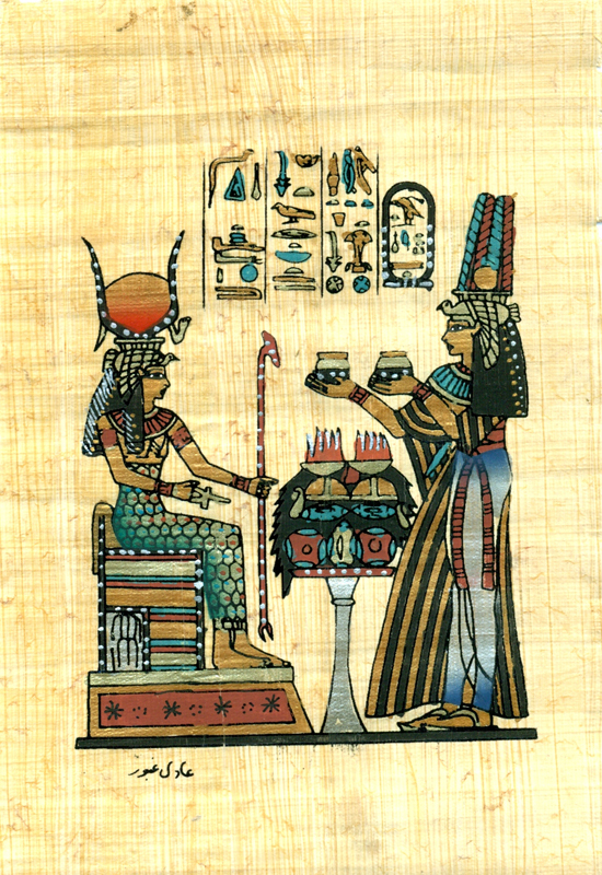 Nefertari gives gifts to Isis, 6.25x4.25 Papyrus Painting