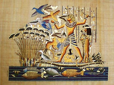 Nebamun Hunting in River Nile - Ancient Egyptian Papyrus Painting, 16x24