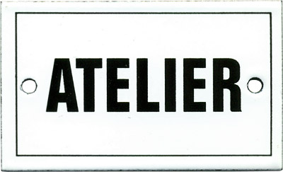 French Enamel Sign, LAtelier (Workshop), 4x2.5