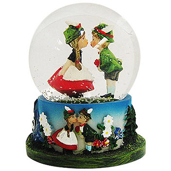 German Boy & Girl Kissing Snow Globe, 3.5H