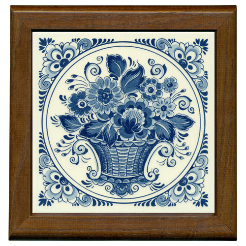 Tile with Frame, Delft Blue Flower Basket, 7.5