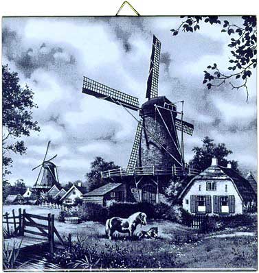 Dutch Tile, Delft Blue Windmill with Ponies