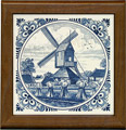 Tile with Frame, Delft Blue Windmill Scene with Fancy Border, 7.5