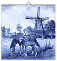 Dutch Tile, Delft Blue Windmill with Horses