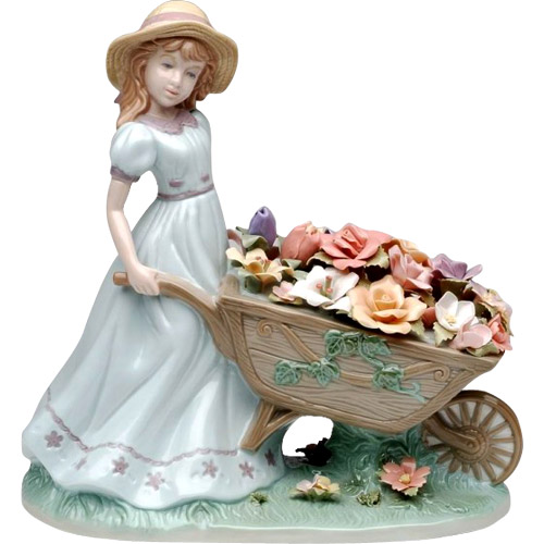 Girl with Flower Cart, Miniature Porcelain Figurine - 8-3/4H