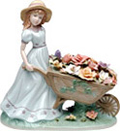 Girl with Flower Cart, Miniature Porcelain Figurine - 8-3/4H