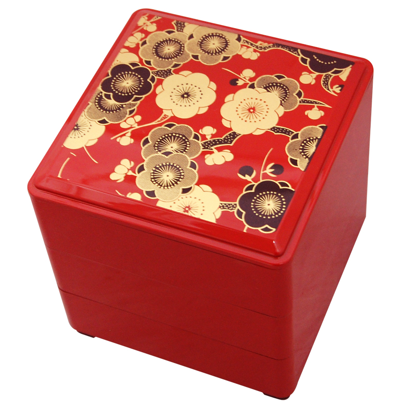 3-Tier Floral Red Lacquer Box, 5-1/4SQ