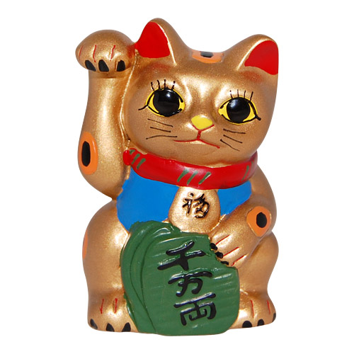 Gold Color Maneki Neko Lucky Cat w/ Right Hand Raised, 3H
