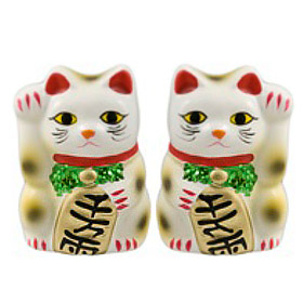 White Color, Maneki Neko Lucky Cat Pair Right/Left Hand Raised, 2-1/2H