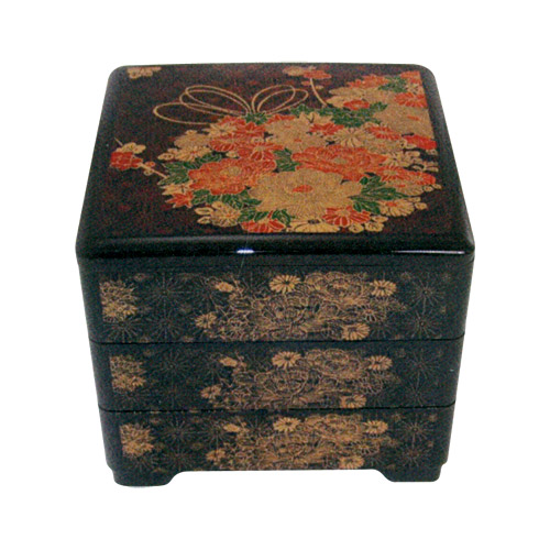 Black Lacquer Stack Box with Peonies & Chrysanthemums, 7-3/4W