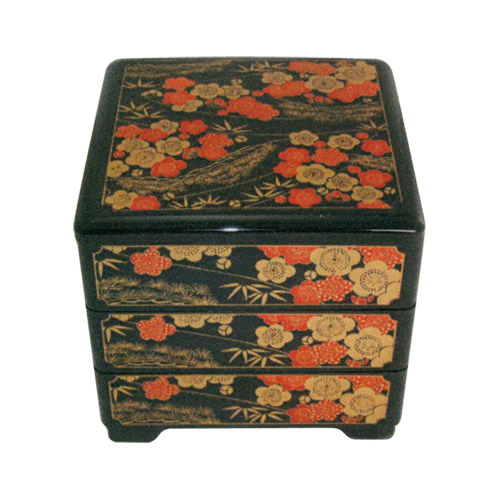 Black Lacquer Stack Box with Plum Flowers, 7-3/4W