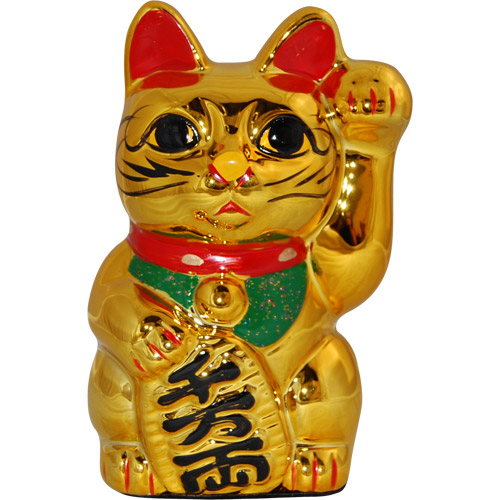 Gold Color, Maneki Neko Lucky Cat w/ Left Hand Raised, 6H