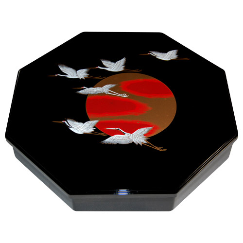 1 Tier Black Lacquer Octagon Tray - Flying Cranes, 12.5D