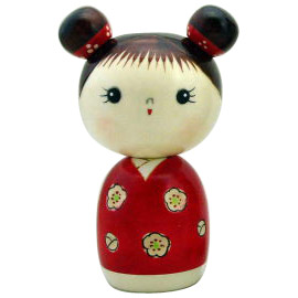 Girl with Two Top Hair Buns, Kokeshi Doll 6.4H, Large