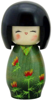 Lady in Green with Red Flower, Kokeshi Doll 5.2H