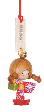Wooden Lucky Charm, Girl Doll in Spring Time Kimono