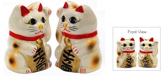 White Color, Maneki Neko Lucky Cat Pair Right/Left Hand Raised, 2H