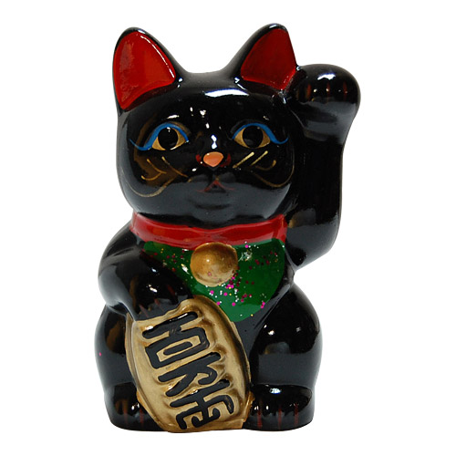 Black Color, Maneki Neko Lucky Cat w/ Left Hand Raised, 5-3/4H