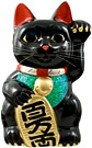 Black Color, Maneki Neko Lucky Cat w/ Left Hand Raised, 9-1/2H