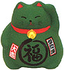Cute Lucky Cat in Green, w/ Left Hand Raised, 3-1/2