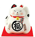 Cute Lucky Cat in White, w/ Left Hand Raised, 8-1/4