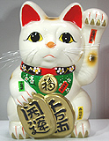 White Color, Maneki Neko Lucky Cat w/ Left Hand Raised, 15-3/4