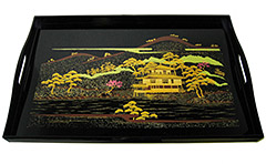 19x12 Black Lacquer Tray W/ Japanese house and garden