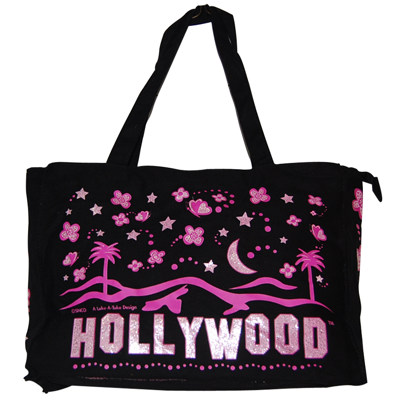 Hollywood Sign Tote Bag with Pink Stars - Black