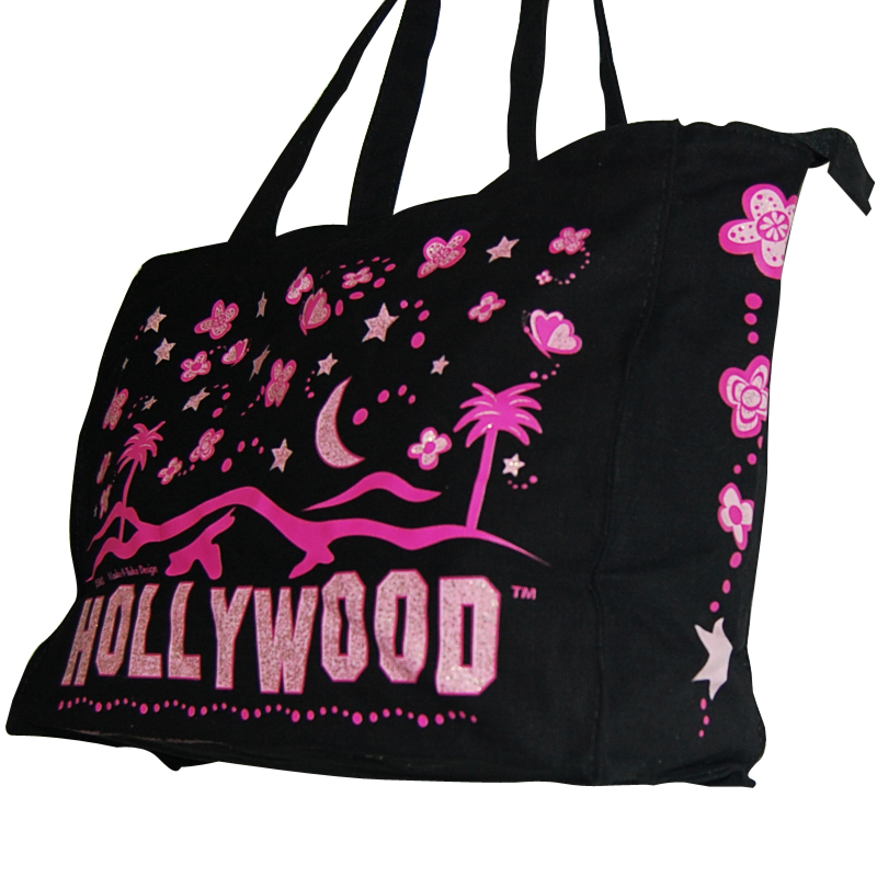 Hollywood Sign Tote Bag with Pink Stars - Black, photo-1