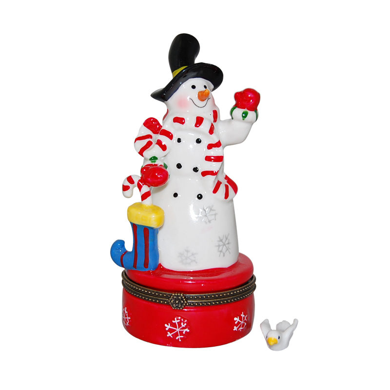 Snowman With Stocking on Red Base - Trinket Box