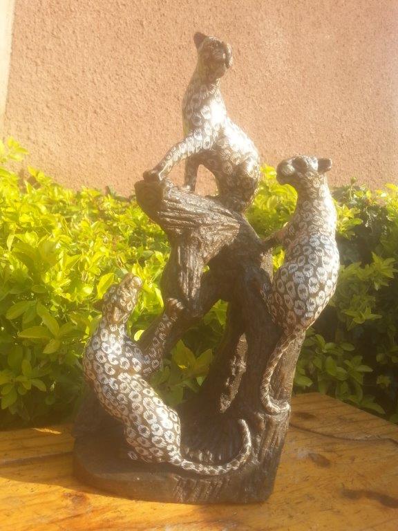 Family of 3 Leopard, Stone Sculpture 11H