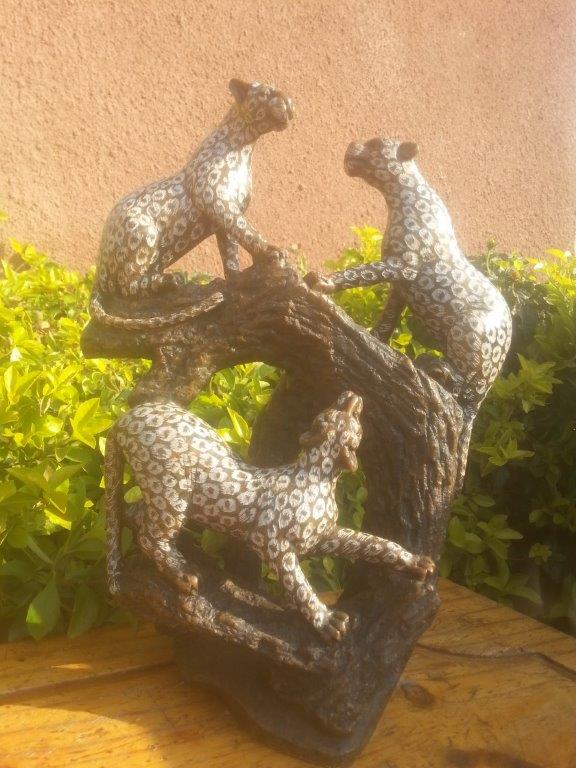 Family of 3 Leopard, Stone Sculpture 11H