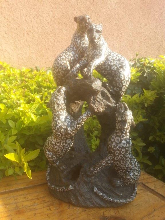 Family of 4 Leopard, Stone Sculpture 11H