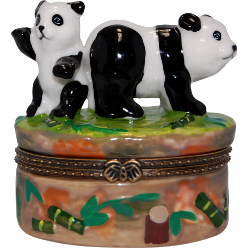 Two Panda Bears - Porcelain Trinket Box, 2.75H