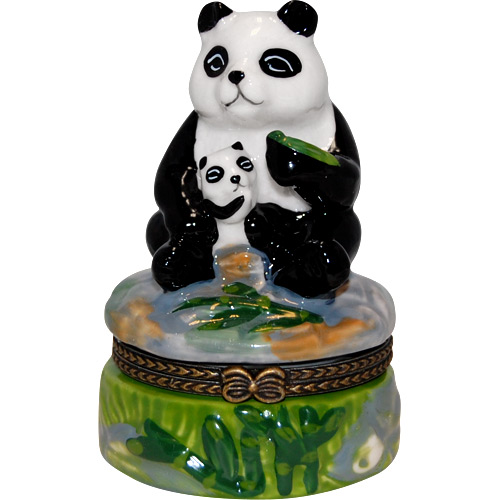 Mother and Baby Panda Bears - Porcelain Trinket Box, 3.25H