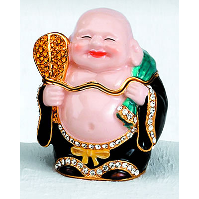 Chinese Money Buddha - Enamel Jeweled Trinket Box, 2.25H