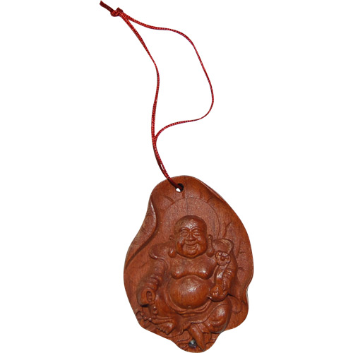 Happy Buddha on Lotus Leaf Wooden Charm Pendant