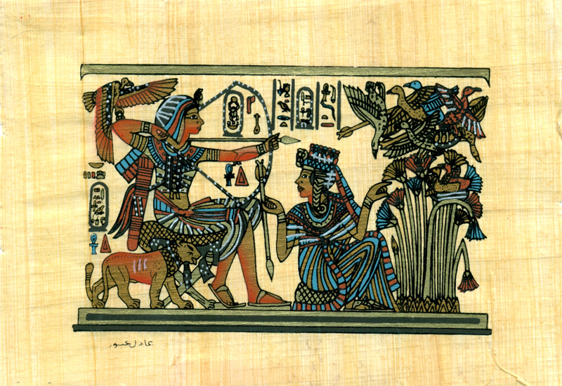 King Tut & his wife hunting, 4.25x6.25 Papyrus Painting