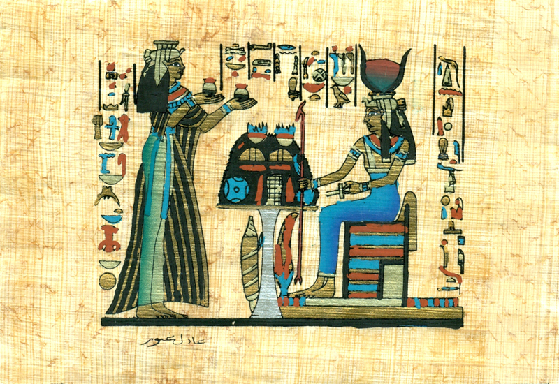 Hathor & Nefertari, 4.25x6.25 Papyrus Painting
