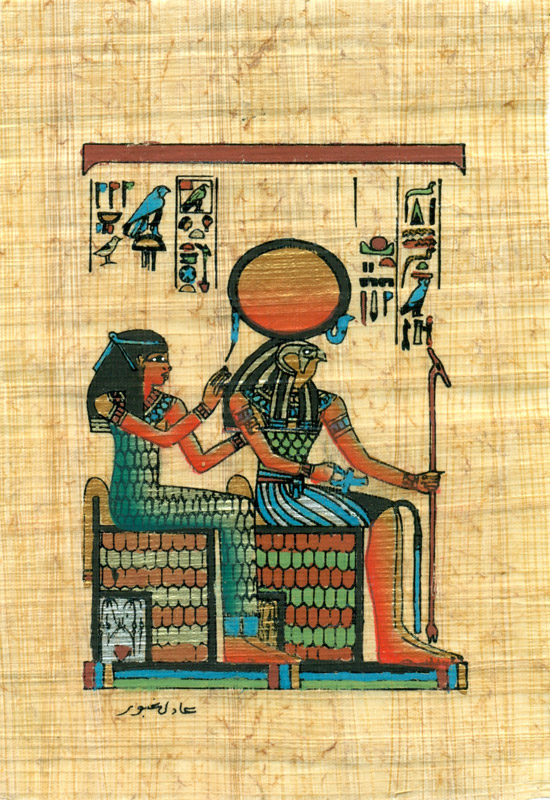 Hathor & Ra-Horakhty, 6.25x4.25 Papyrus Painting