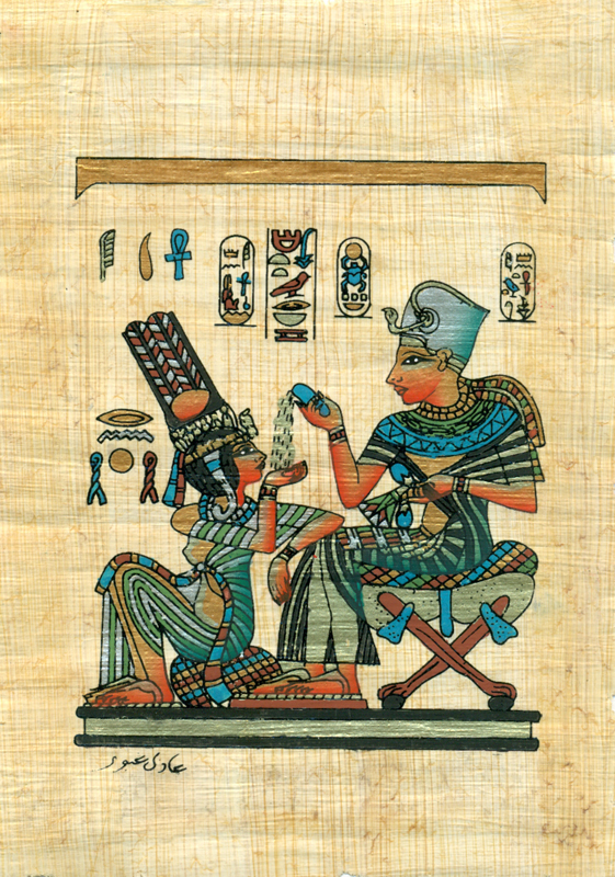 King Tutankhamon & his Wife, 6.25x4.25 Papyrus Painting