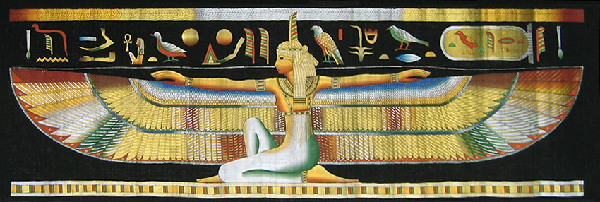 Winged Maat on Black Background, Ex-Large Papyrus Painting 24x64