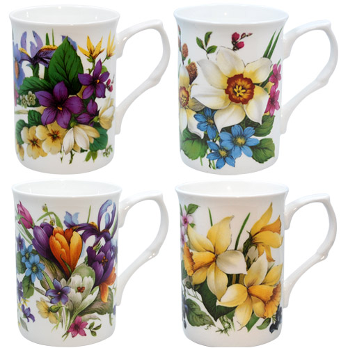Spring Garden Floral Mugs – Set of 4, Fine Bone China