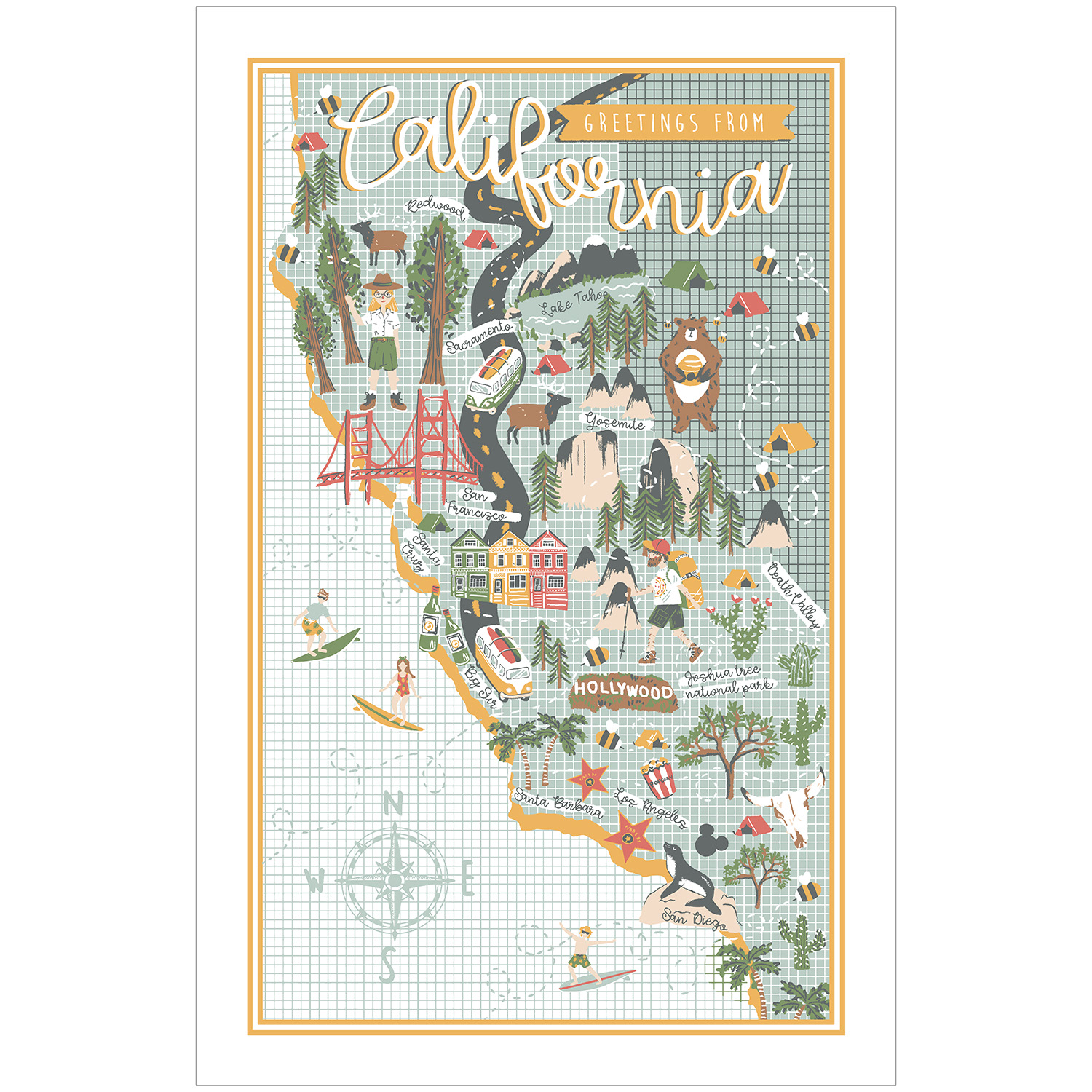 Greetings from California Cotton Tea Towel – State Map Design