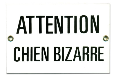 French Enamel Sign, Chien Bizarre, 6x4