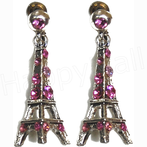 Eiffel Tower Earrings - Silver with Pink Rhinestones