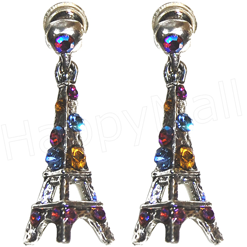 Eiffel Tower Earrings - Silver with Multicolor Rhinestones