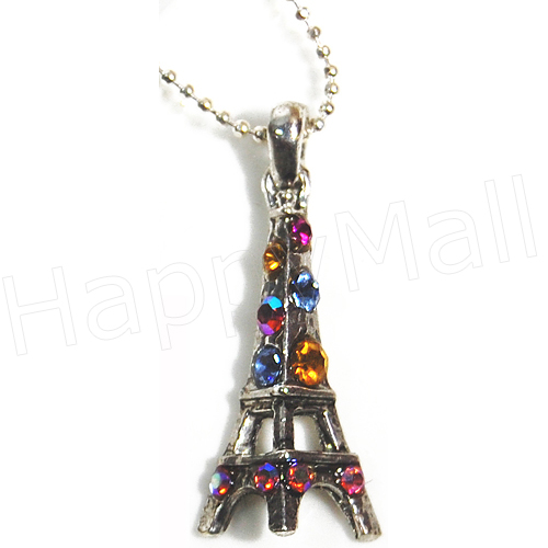 Eiffel Tower Necklace - Silver with Multicolor Rhinestones
