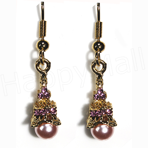 Eiffel Tower Earrings - Gold with Pink Pearls