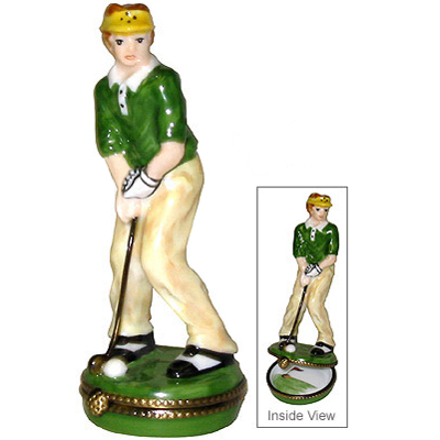 French Limoges Box, Man Plaing Golf Figurine
